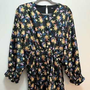 Zara Black & Floral Print Oversized Ruffle Sleeve Dress